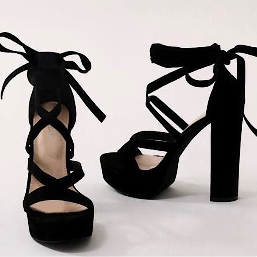 public desire-black suede lace up heels